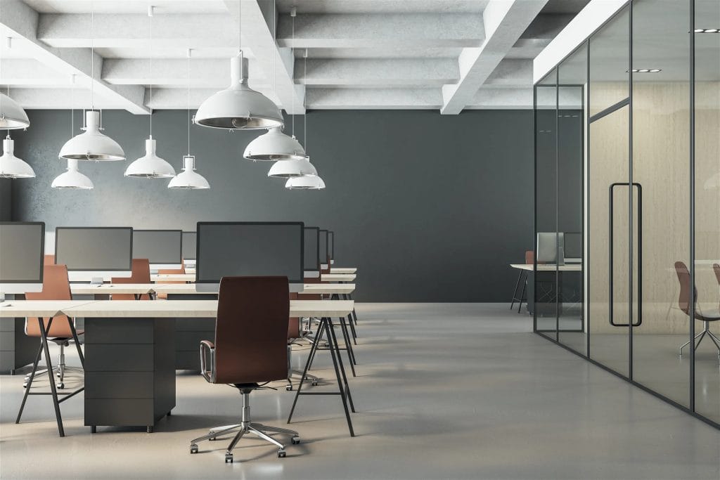 Home - contemporary office space with tables chairs